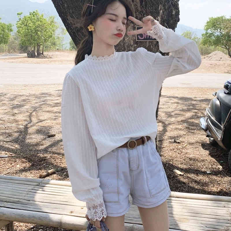 Blouse Women White Striped Ladies Tops Autumn Korean Cotton Shirt for Lace Casual Lantern Long Sleeve Pullover 10912 210427