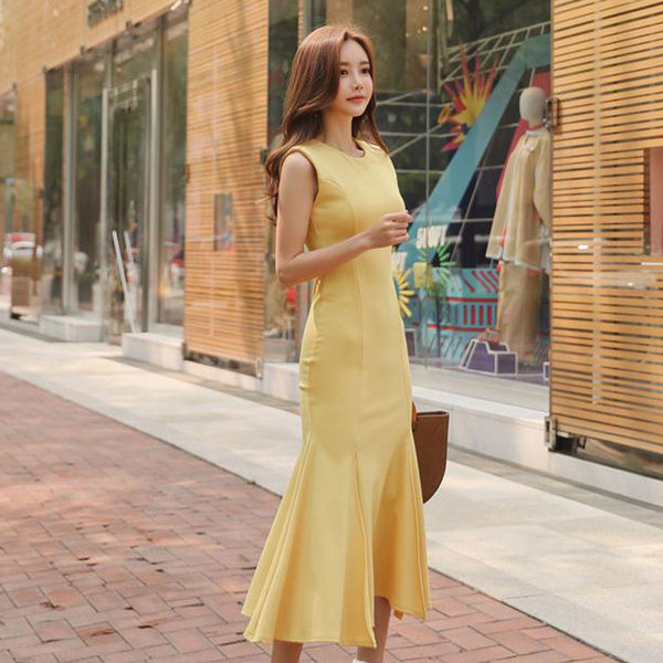 Elegant Yellow Mermaid Dress Summer Pencil Midi Women Slim Bodycon Office Lady Ruffle es 210519