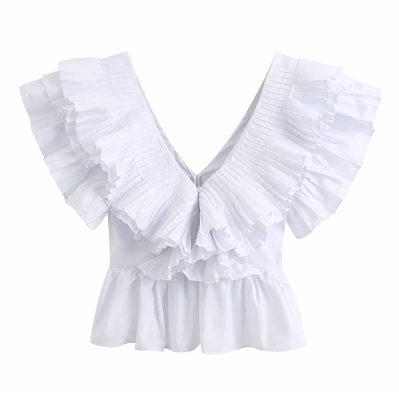 Deep V Neck Ruffles Blouse Women Sexy Backless White Shirt Sleeveless Holiday Beach Pleated Top Summer Camisas Mujer 210508