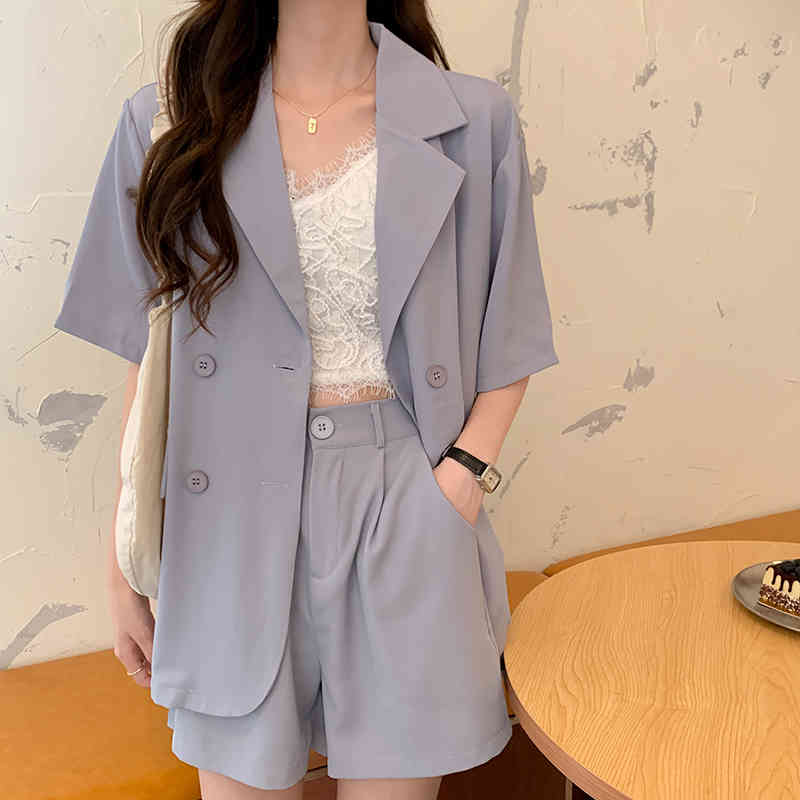 Summer Fashion Short Sleeve Blazer 2 Piece Set Korean Loose Casual Jacket Thin Elastic High Waist Shorts Suits Women Outfits 210515