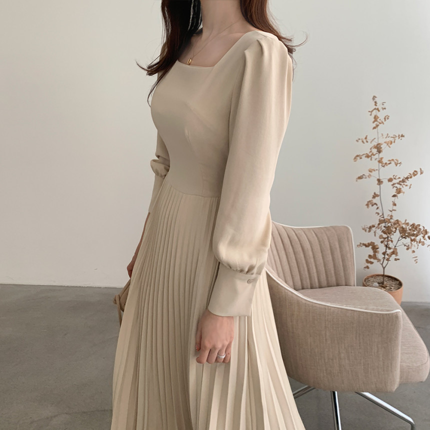 Autumn Korea Chic Pleated Dress Women's Long Sleeve Casual Solid Temperament Lady Vestido Da Festa 210520