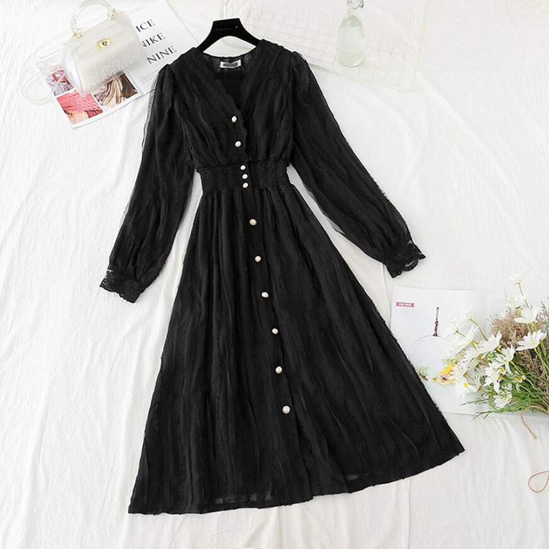 Women V-neck Lace Dress Autumn Elegant A-Line Slim Single-Breasted Vestidos Elastic waist Mesh Mid-calf Dress 210521