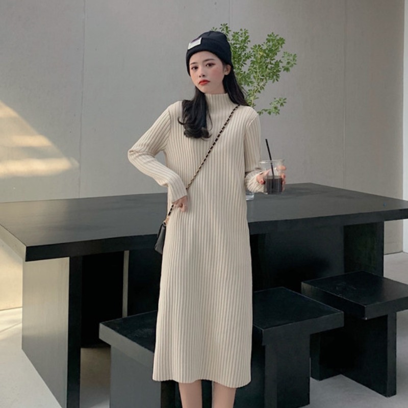 Nomikuma Long Sleeve Knitted Dresses Women Autumn Winter Basic Sweater Dress Korean Half Turtleneck New Vestidos 6D305 210427