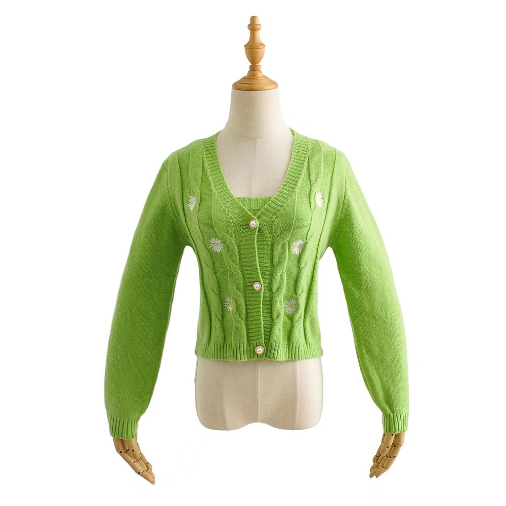 1 set Autumn Korea Style Vintage Embroidery Flower Cardigan Tank Top V neck Single-breasted Button Knitted Crop Sweater Jumper 210429