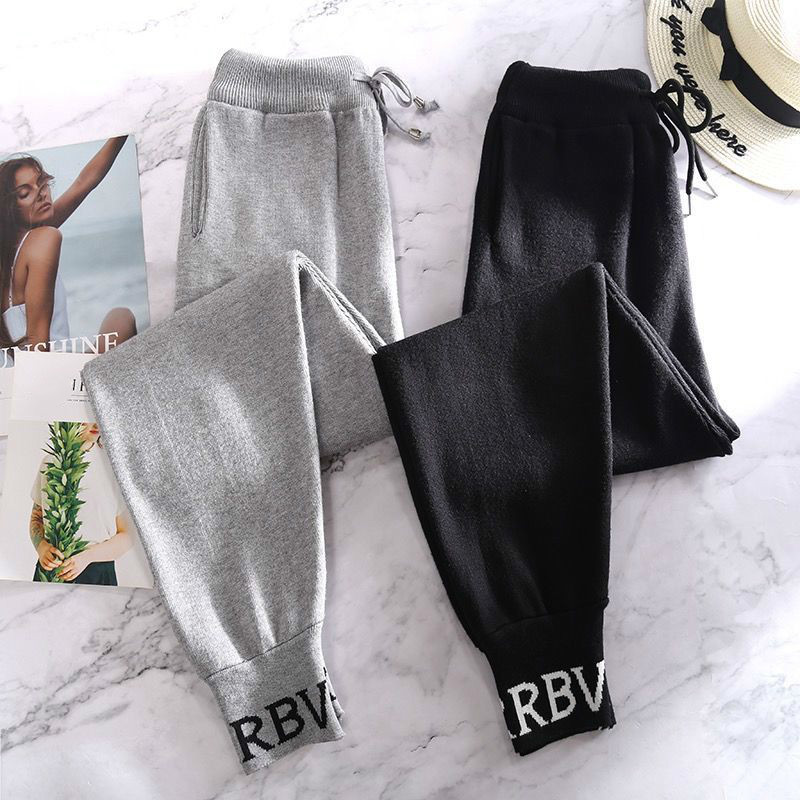 Nomikuma Autumn Winter Sweater Pants Lace Up Stretch Waist Ankle Trousers Korean Embroidery Letters Knitted Harem Pants 6C866 210427