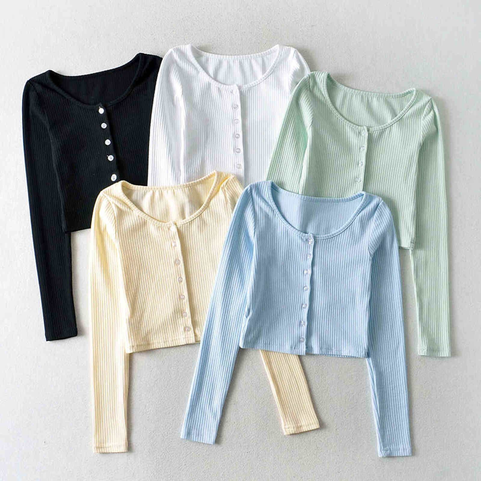 Korean knit sweaters women cropped cardigan sexy long sleeve crop sweater o neck button up sweater vintage ribbed cardigan green 211117