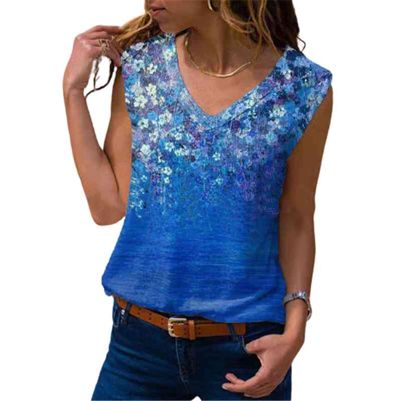 Plus Size 5XL Ladies Tshirt Women Beach Summer Sleeveless Floral Print V-neck Casual Loose Female Pullover Tops Street Tank Tees 210522