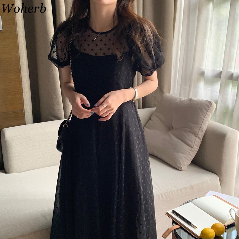 Vintage Dress Women O Neck Polka Dot Gauze Puff Sleeve Vestidos Temperament Slim Black Maxi Dresses Summer Elegant Robe 210519
