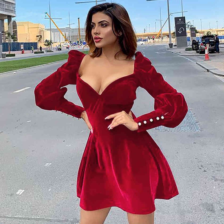Winter Mini Wine Red Long Puff Sleeve Women Dress Sexy V Neck Velvet Buttons Lady Celebrity Evening Club Party 210423