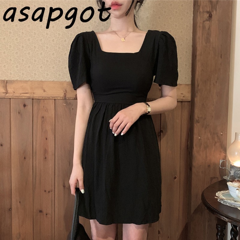 Vintage Short Sleeve Square Neck Purple Dress Women Mini Girls Gentle Slim Waist Summer Temperament Vestido Mujer Clothes 210429