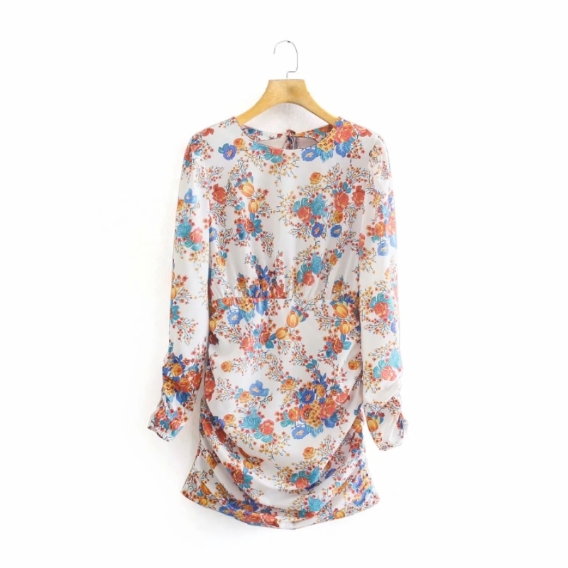 Summer Women Pleating Decoration Printed Backless Mini Dress Female Long Sleeve Clothes Casual Lady Loose Vestido D7706 210430Z