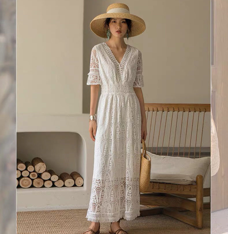 summer vocation white lace v-neck tassel midi dress short sleeve hollow out robe dresses party causal 210421