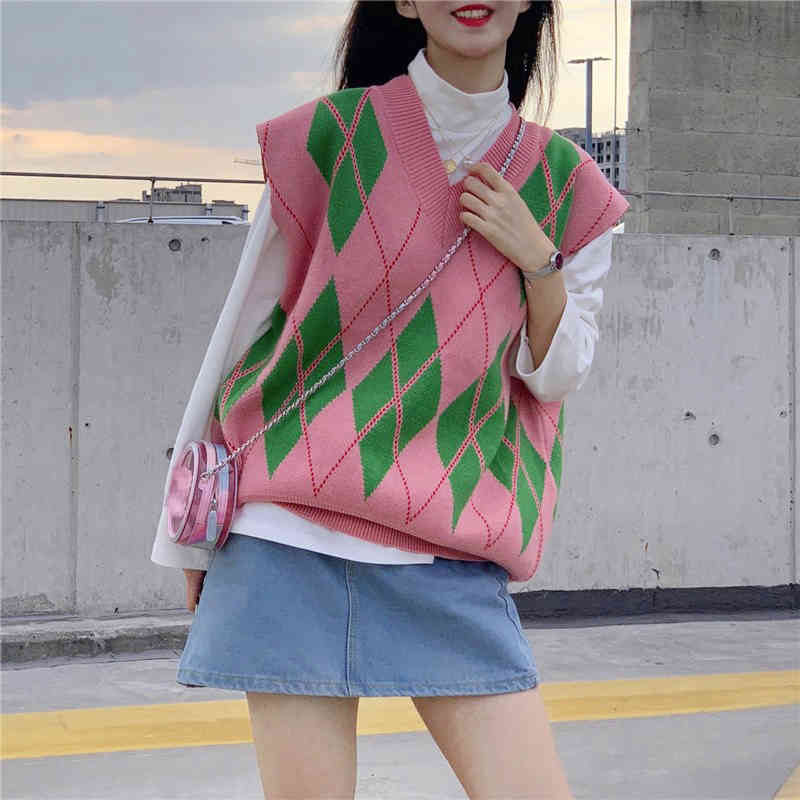 Spring Autumn Loose Knitted Sweater Vest Women Pink Green Plaid Sleeveless Waistcoat Female Korean Style Tops 210421