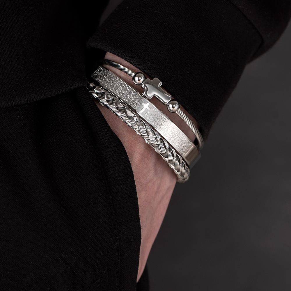 Luxury Set Stainless Steel Bracelet Hip Hop Men Jewelry Cross Charm Open Brangle Carving Spanish Scripture Pulseira BileklikBracelets
Luxury Set Stainless Steel Bracelet Hip Hop Men Jewelry Cross Charm Open Brangle Carving Spanish Scripture Pulseira BileklikBracelets