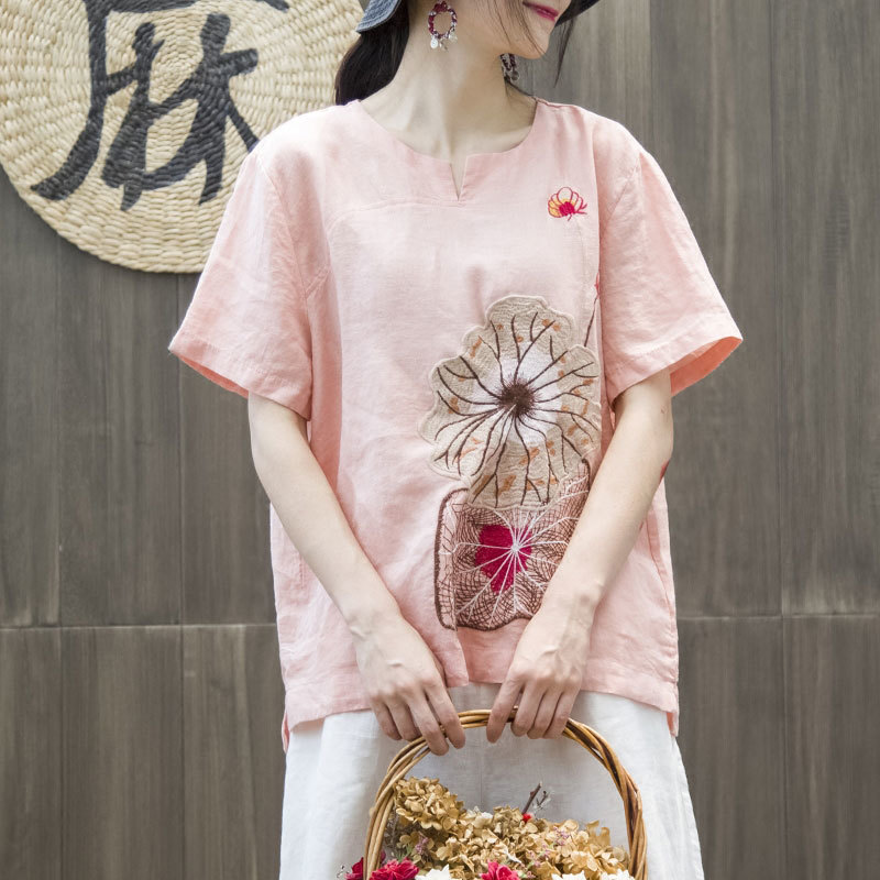Summer Style Women Tshirt Plus Size Short Sleeve Loose V-neck Tops Cotton Lady Lotus Leaf Embroidery Vintage Tee Shirt HXJ3 210512
