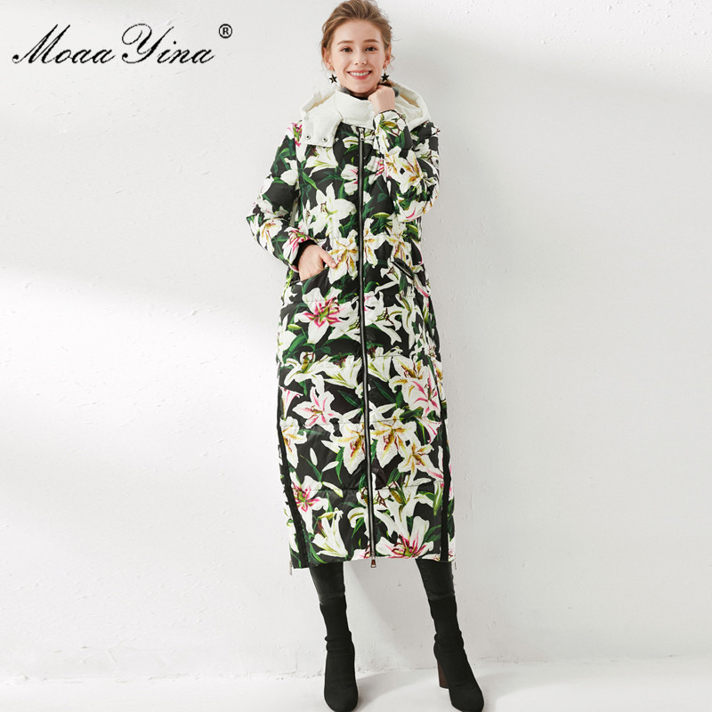 Women's Winter Runway Coats Hooded Collar Floral Printed White Duck Down Warm Parkas Elegant Long Jacket Outwear 210524