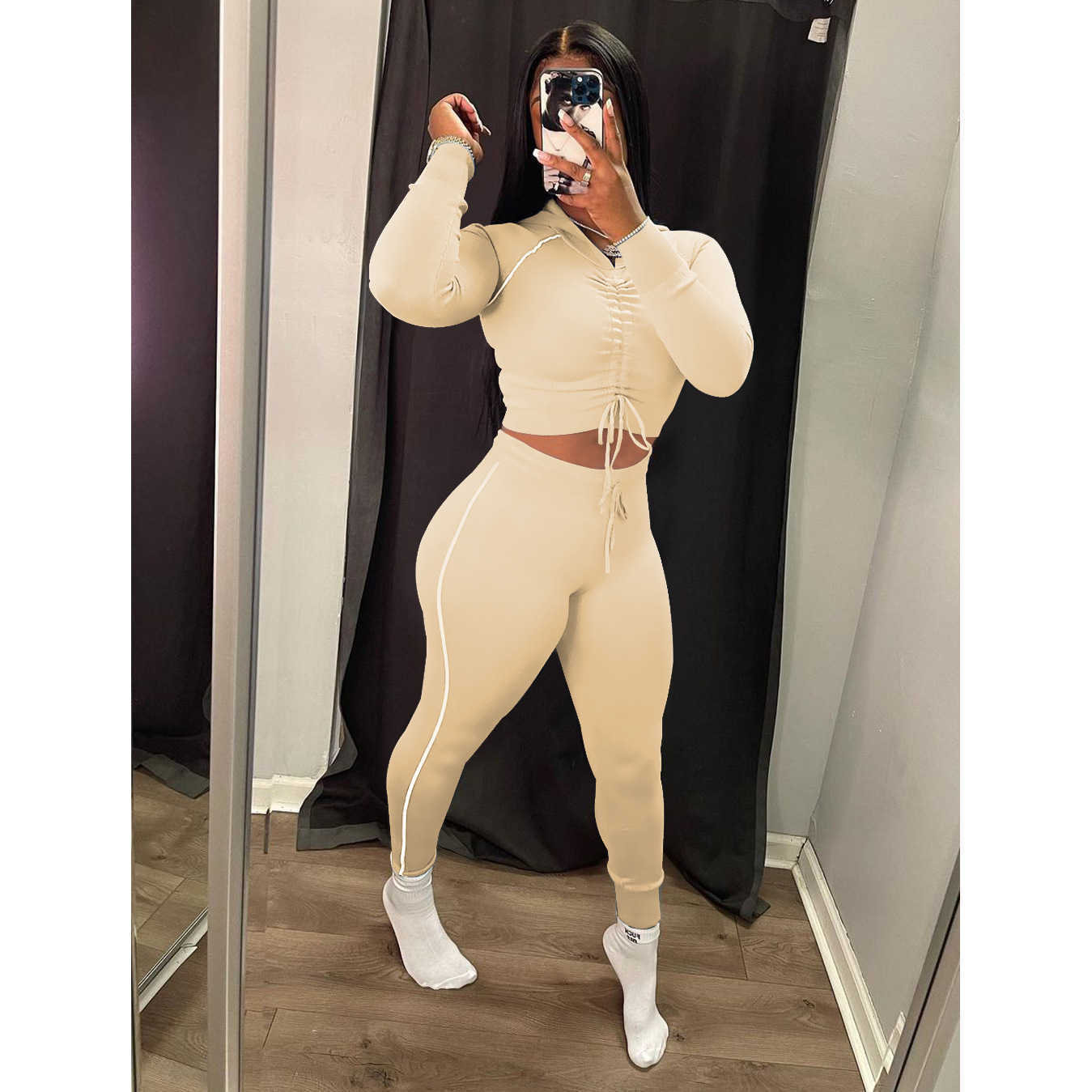 Designers Women sports tracksuits Clothes 2023 pleated hooded long sleeved trousers two piece set solid color elastic suit Women