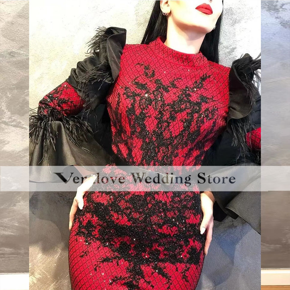 Red Black Prom Dresses Saudi Arabic Long Sleeves Appliques Beads Mermaid Party Gowns Evening Wear