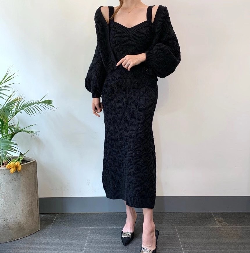 2 Piece Set Korea Women Jacquard Knitted Single-Breasted Lantern Sleeve Short Sweater Coat + Sexy Spaghetti Strap Dress Suit 210519
