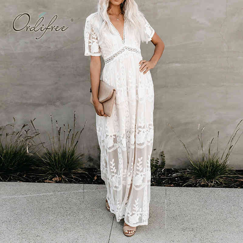 Ordifree Summer Boho Women Maxi Dress Loose Embroidery White Lace Long Tunic Beach Dress Vacation Holiday Clothes 210409