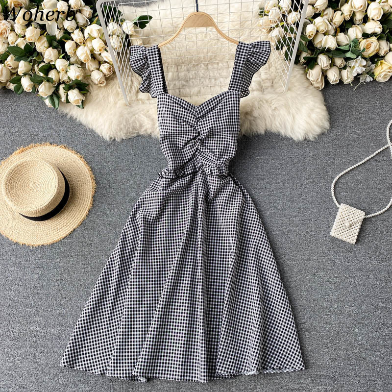 Sweet Woman Dress Chic Flying Sleeve Sling Vestidos Mujer Summer Vintage Plaid Robe Slim Waist Fashion Ruffles Dresses 210519