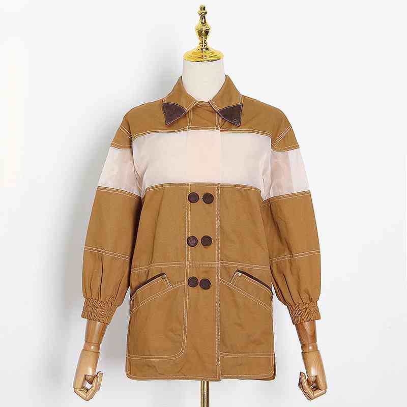 VGH Casual Hit Color Jacket For Women Lapel Long Sleeve Splicing Button Loose Jackets Female Fashion New Clothing Autumn 210421