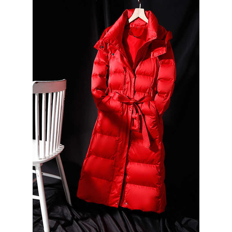 Women's Long Lace-up Hooded Down Jacket Zipper Puffer Black red dark blue plus size 4XL10XL Coat 210819