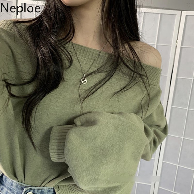 Neploe Temperament Slash Neck Sweaters for Women Korean Knitted Cropped Pullovers Sexy Off Shoulder Jumper Tops Female 4G516 210422