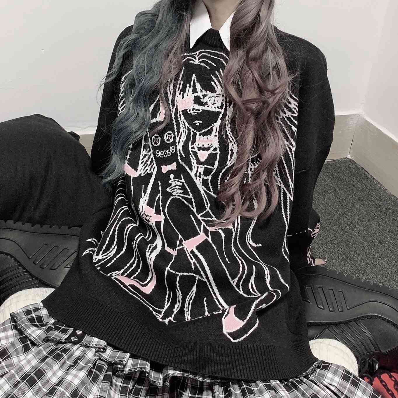 Harajuku Cartoon Sweater Women Loose Knitted Pullover Sweaters Streetwear Jumpers Kawaii Top Pull Femme 210422