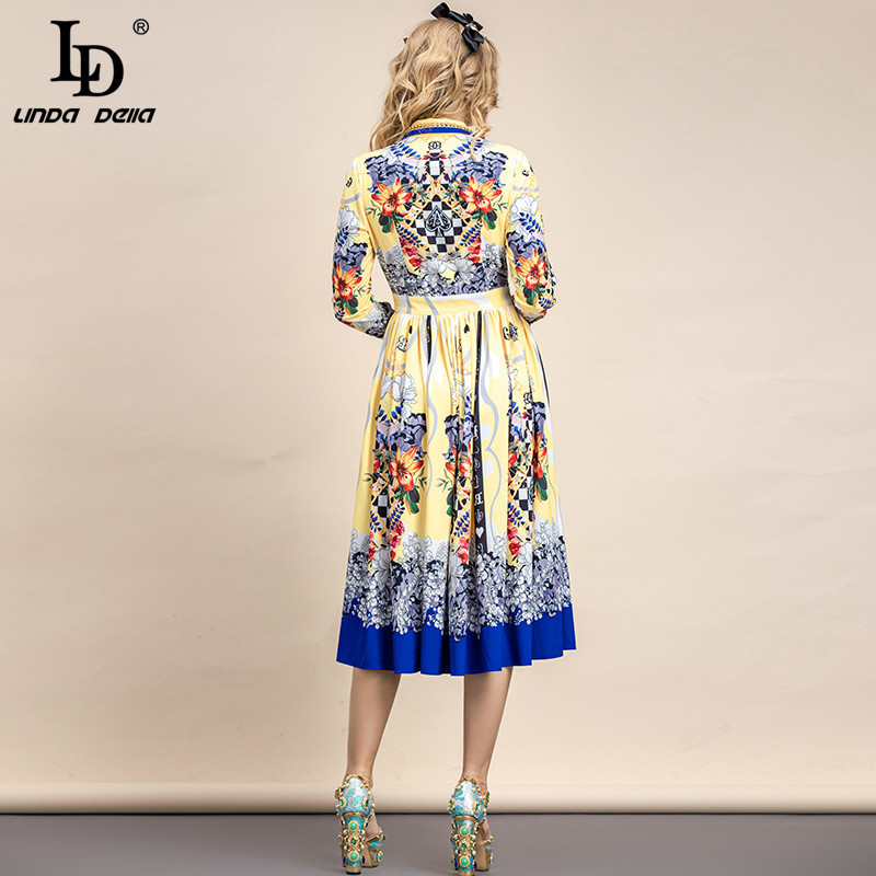 Summer Fashion Runway Vintage Party Dress Women's Long sleeve High waist Floral print Pleated Midi 210522