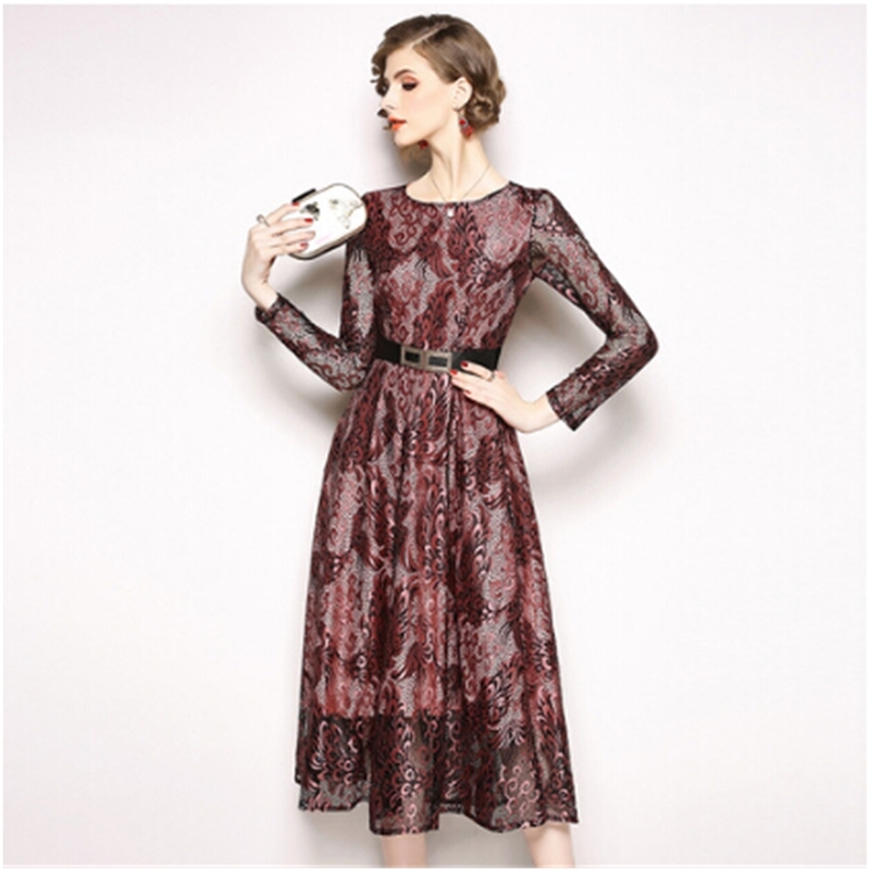 Arrival Spring Summer Dress Women Elegant Sexy Hollow Out Lace Female Vintage Party Vestidos Free Belt 210520