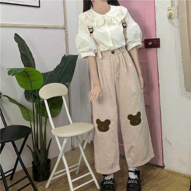 Cute bear wide-leg pants women prep summer Korean college style loose wild straight nine points casual student 210526