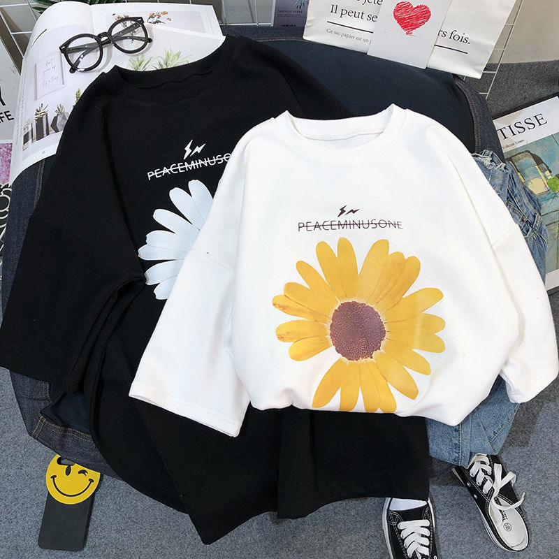 Summer Korea Fashion Women Short Sleeve Loose O-neck T-shirt Daisy Print Casual Tee Shirt Femme Tops 100% Cotton Plus Size S777 210512