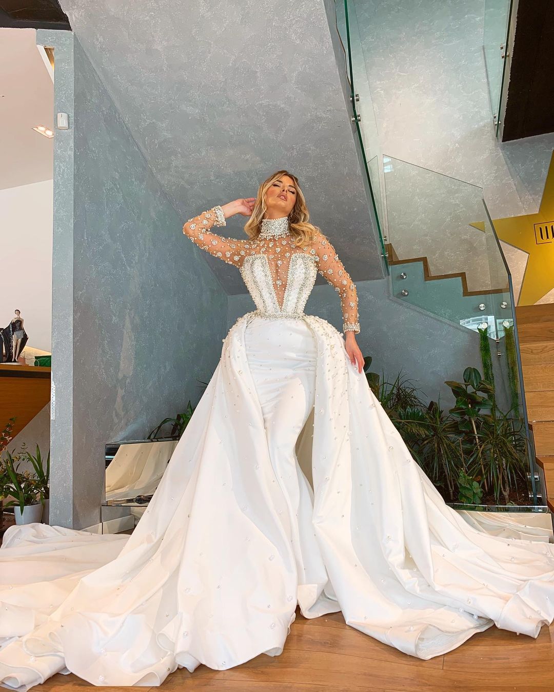 2021 Plus Size Arabic Aso Ebi Luxurious Mermaid Sexy Wedding Gowns High Neck Beaded Crystals Long Sleeves Bridal Dresses ZJ255