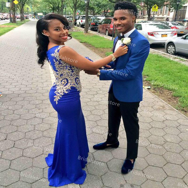 African Girls Blue Mermaid Prom Dresses 2021 With Gold Appliques Sleeveless Satin Plus Size Evening Dress Elegant Formal Party Gowns vestidos fiesta r