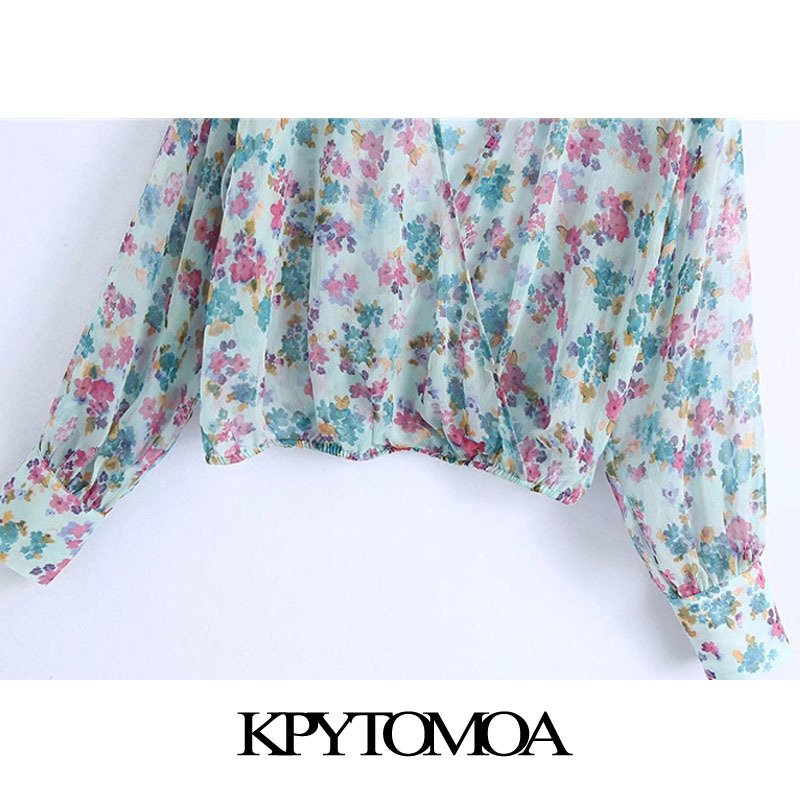 Women Fashion Semi-sheer Floral Print Cropped Blouses Long Sleeve Elastic Hem Female Shirts Chic Tops 210420