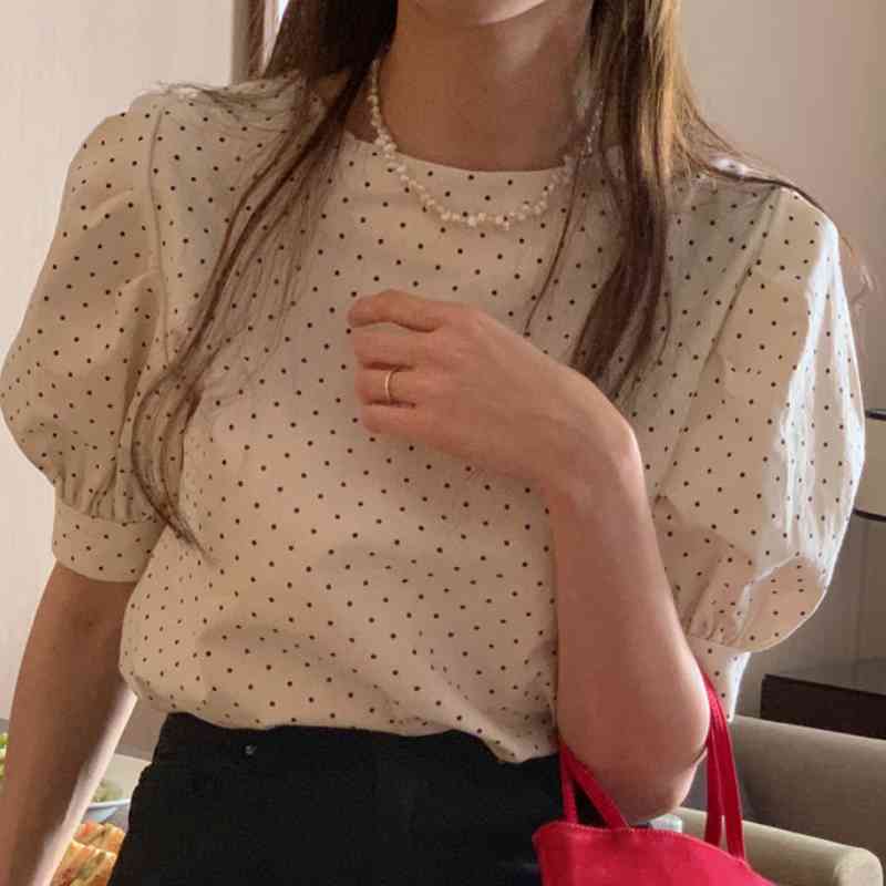 Nomikuma Causal Korean Dot Blouse Shirt Puff Short Sleeve O-neck Womens Tops Spring Summer O-neck Sweet Blusas Mujer 6H265 210427
