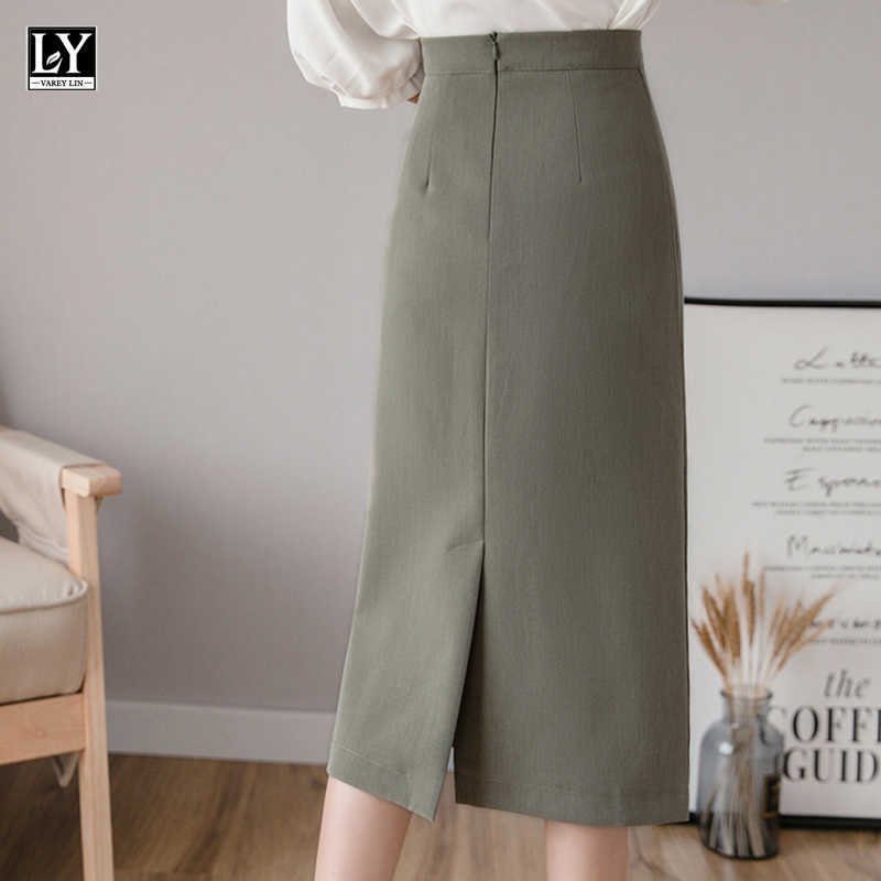 LY VAREY LIN Summer Women OL Style Solid Color Black Split Skirts Casual Slim Fit High Waist Midi Pencil Skirt Female 210526