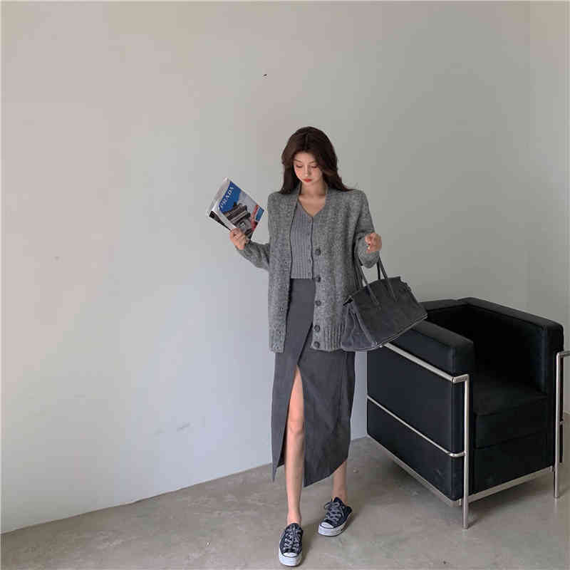 Autumn winter korean style soft knittd cardigans womens grey sweaters cardigans womans (R99460) 210423