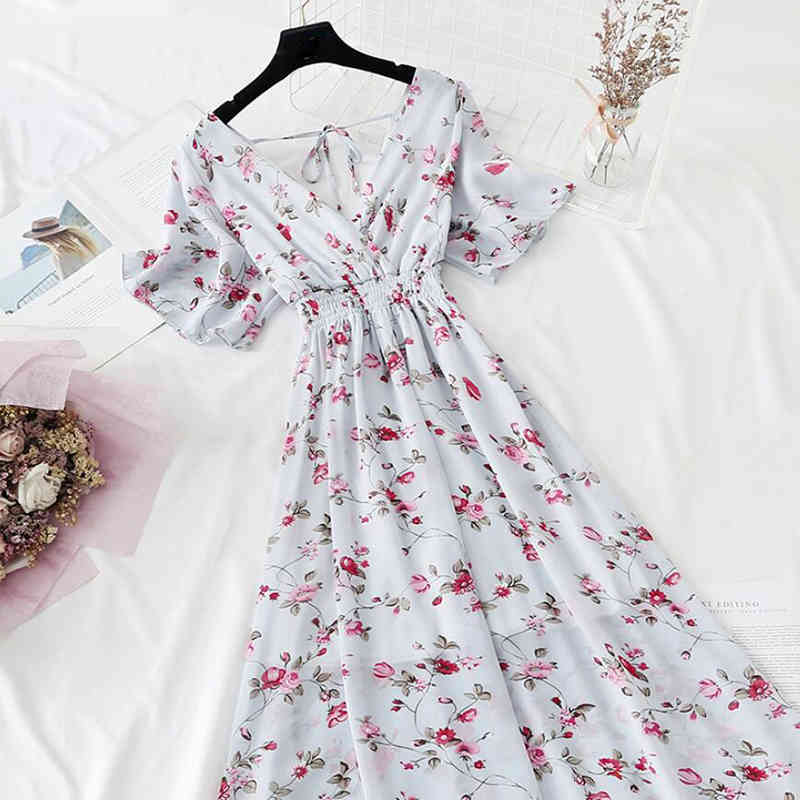 Bohemia V-neck Long Dress Summer Women Floral Print Chiffon Dress Female Short Sleeve Backless Ruffles Vestidos 210521