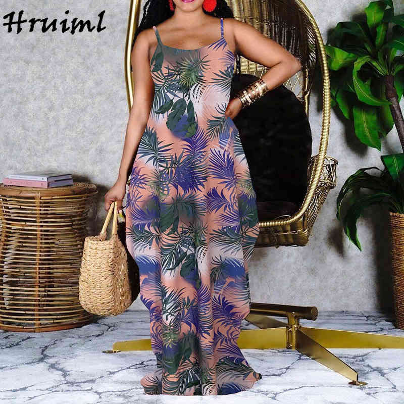 Woman Clothes Dresses Summer Plus Size Fashion Leaf Print Casual Suspender for Women Party Club Maxi 210513