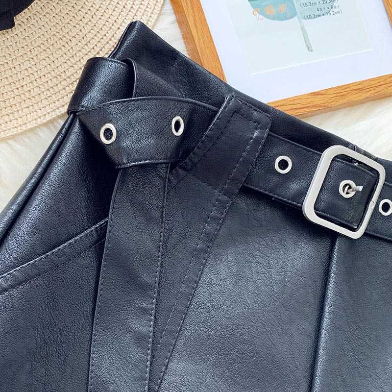 High Waist Women's Leather Short PU Belt Zipper Pocket Female Shorts Spring Fashion Korean Casual Girl Ladies Bottom 210611