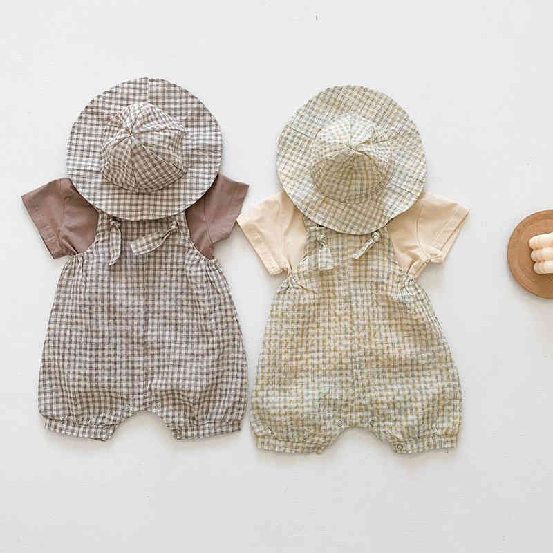 Summer Infant Boys Girls Clothes Set Korean Style Cotton T-shirt + Plaid Jumpsuit Hat born Baby Romper Clothing 210515, Bd856 brown
Summer Infant Boys Girls Clothes Set Korean Style Cotton T-shirt + Plaid Jumpsuit Hat born Baby Romper Clothing 210515, Bd856 brown