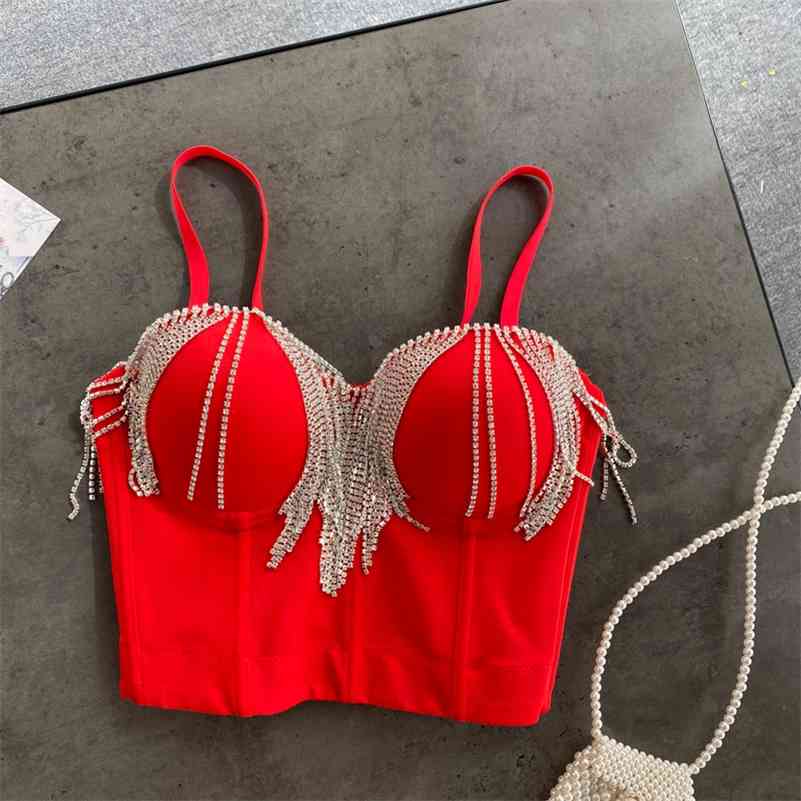 Women Fashion Tassel Camisole Sexy Padded Niglub Dance Sleeveless High Waist Bustier Crop Tops Q121 210625