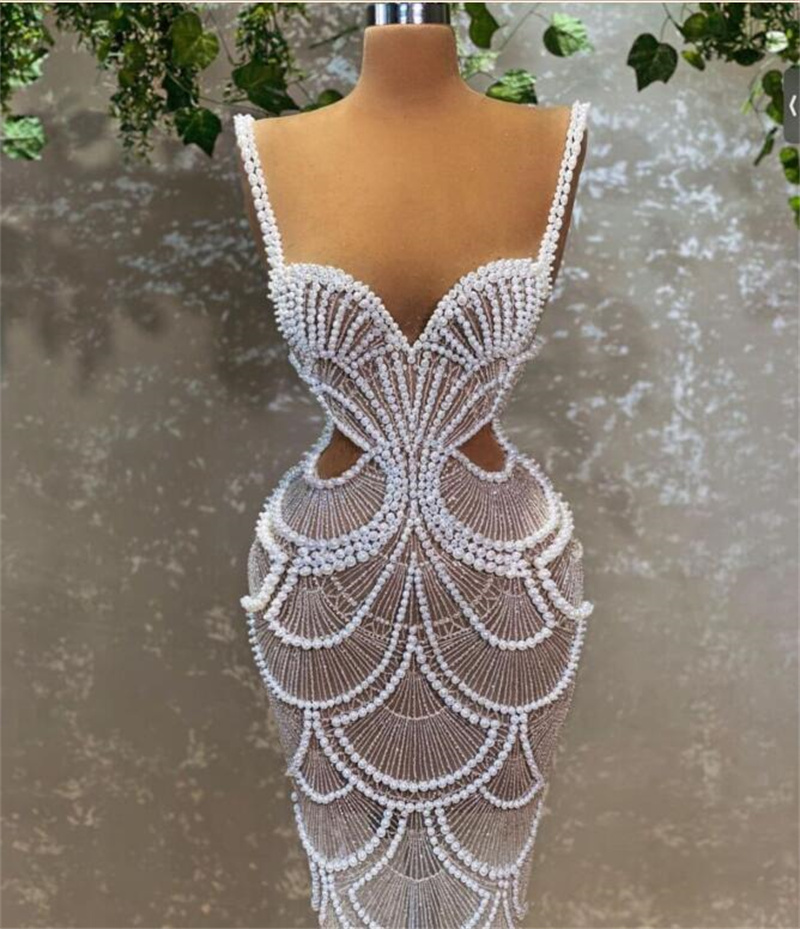 Pearls White Mermaid Evening Dresses Spaghetti Strap Party Gowns Women Prom Dress Off Shoulder Glitter Floor Length Elegant Robe De Soriee