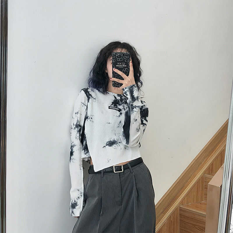 Yedinas Spring Tie Dye Long Sleeve T-shirt Irregular Chic Slim Crop Top Women High Street Fashion T Shirt Korean Streetwear Tops 210527
