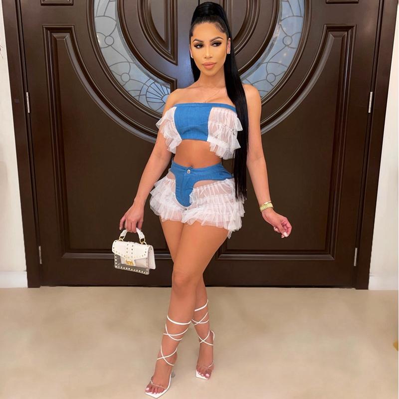Denim Sexy Mesh Two Piece Set Festival Clothing Women Club Outfits Ruffle Crop Top 2 Shorts Matching Sets 2021 Women' Tracksuits, Blue
Denim Sexy Mesh Two Piece Set Festival Clothing Women Club Outfits Ruffle Crop Top 2 Shorts Matching Sets 2021 Women' Tracksuits, Blue