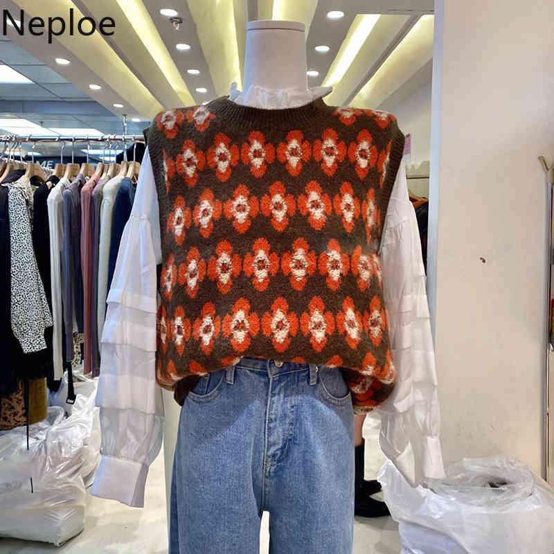 Neploe Korean Fashion Sweater Vest Ropa Mujer Vintage Floral Plaid Knitted Pullovers Tops O-neck Seeveless Loose Jumper Tank 210422