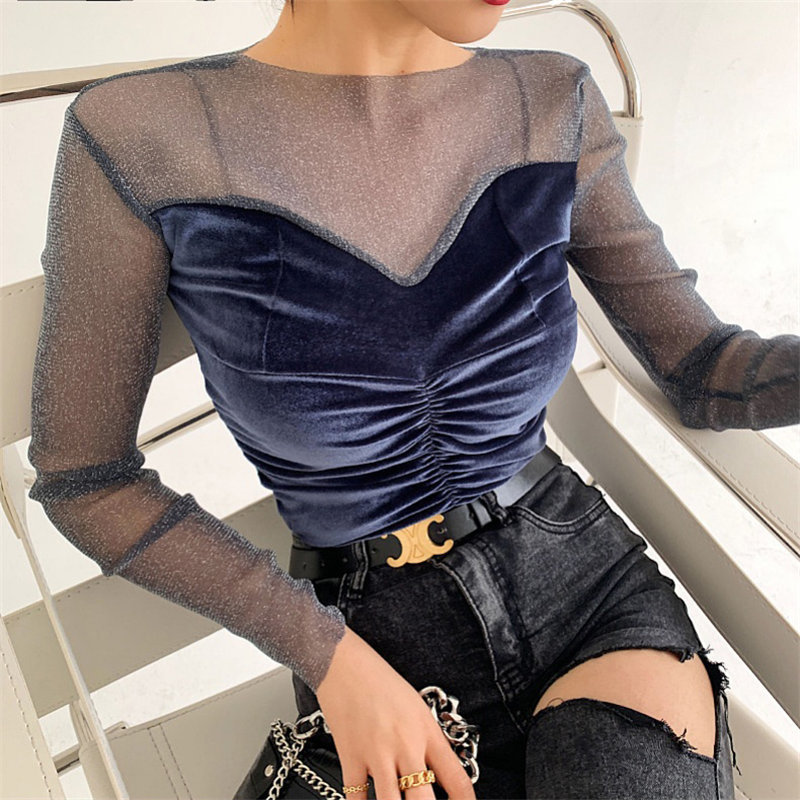 Arrival Patchwork Full Sleeves Lace Autumn Velvet Large Size Women Sexy Female Basic Brief Tops T-shirt 210421