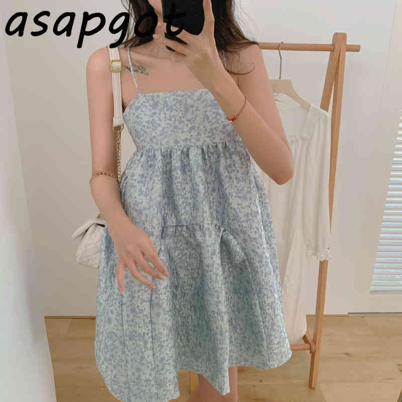 Dress Summer Fresh Sweet Retro Loose Girls Gentle Temperament Sexy Sleeveless Spaghetti Strap Mini Chic Vestidos Ball Gown 210429